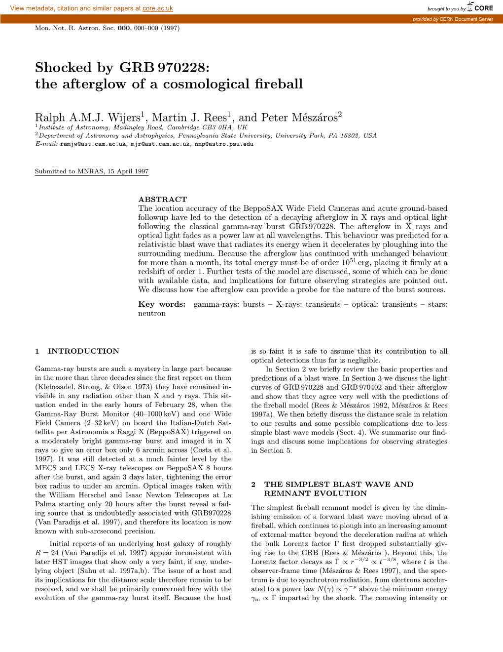 Shocked by GRB 970228: the Afterglow of a Cosmological ﬁreball