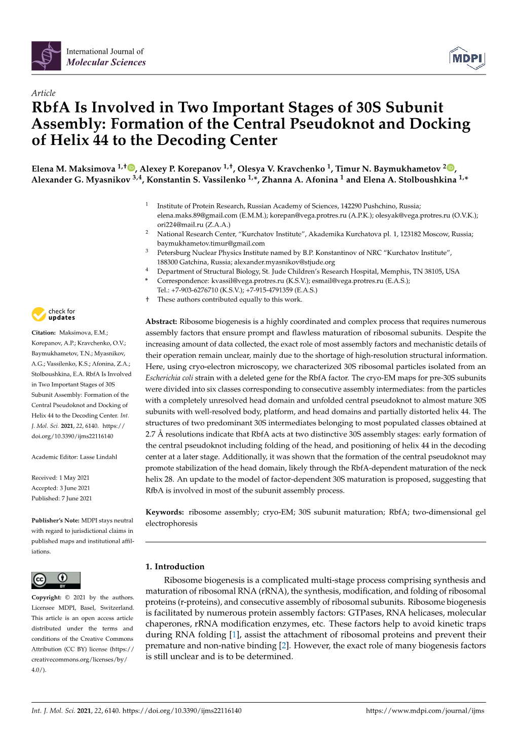 Rbfa Is Involved in Two Important Stages of 30S Subunit Assembly: Formation of the Central Pseudoknot and Docking of Helix 44 to the Decoding Center