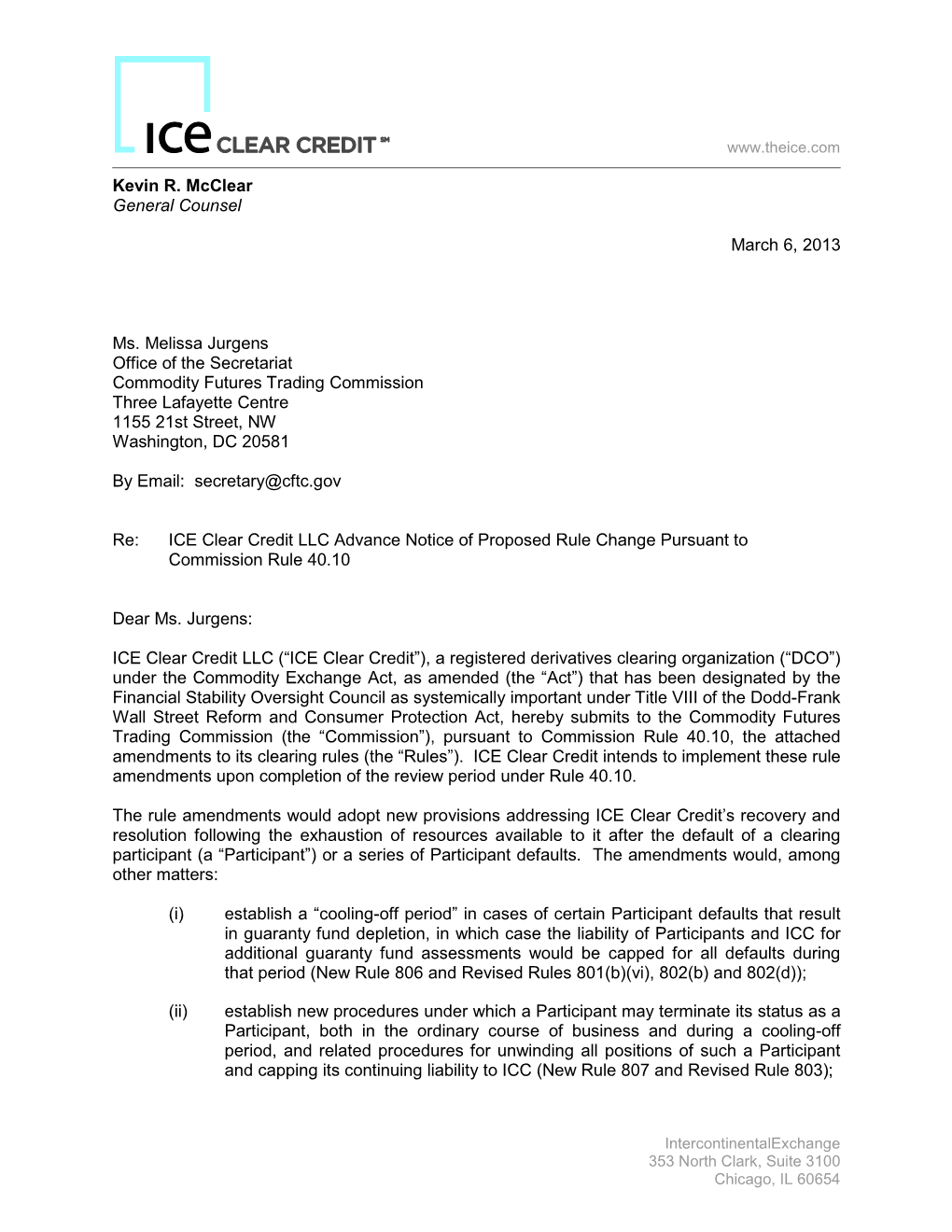 ICE Clear Credit Rule Submission, March 6, 2013