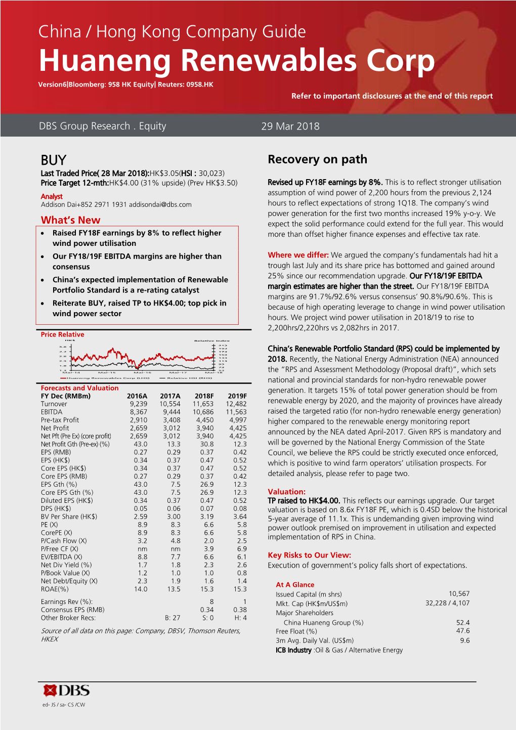 Huaneng Renewables Corp Version6|Bloomberg: 958 HK Equity| Reuters: 0958.HK Refer to Important Disclosures at the End of This Report