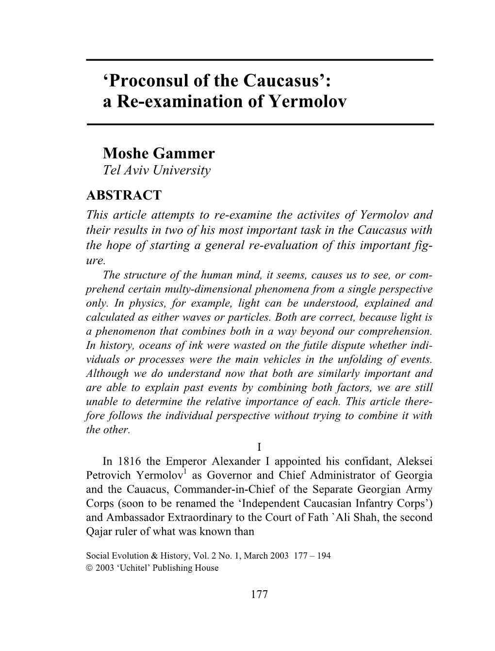 Proconsul of the Caucasus’: a Re-Examination of Yermolov