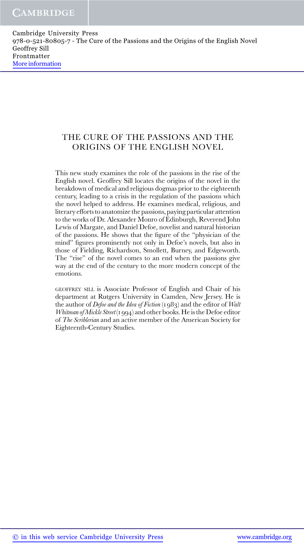 The Cure of the Passions and the Origins of the English Novel Geoffrey Sill Frontmatter More Information