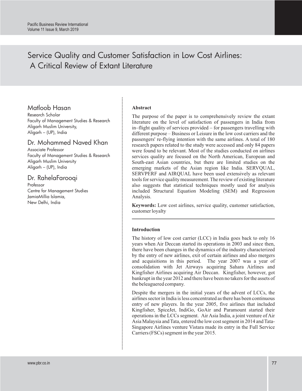 Service Quality and Customer Satisfaction in Low Cost Airlines: a Critical Review of Extant Literature