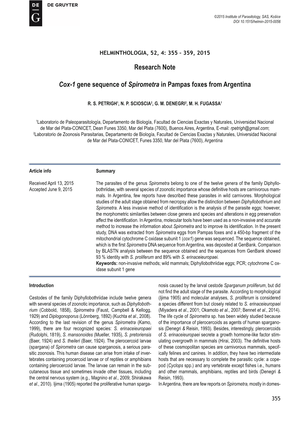 Research Note Cox-1 Gene Sequence of Spirometra in Pampas Foxes From