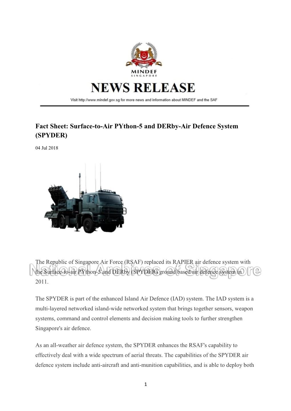 Fact Sheet: Surface-To-Air Python-5 and Derby-Air Defence System (SPYDER)