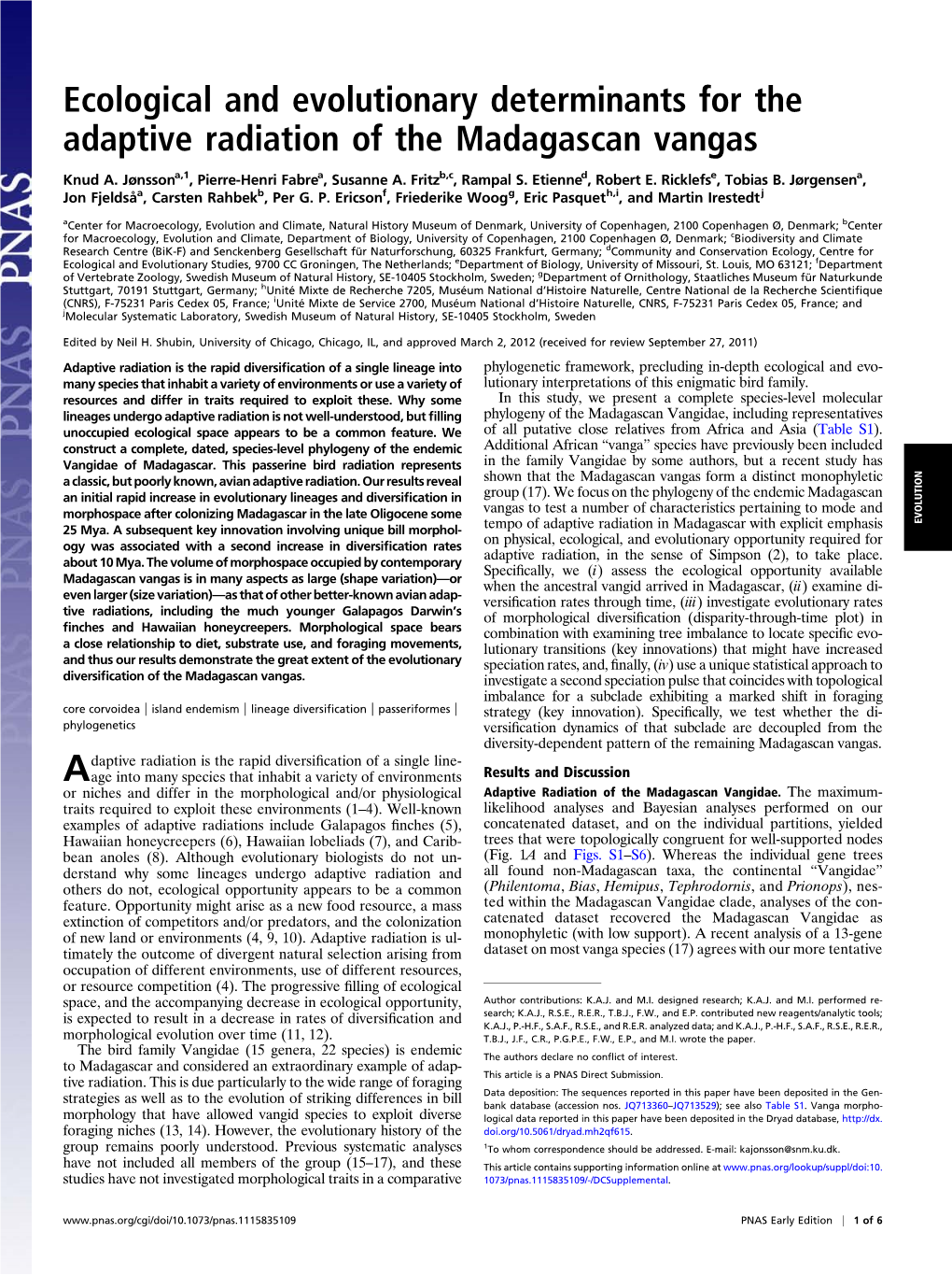 Ecological and Evolutionary Determinants for the Adaptive Radiation of the Madagascan Vangas