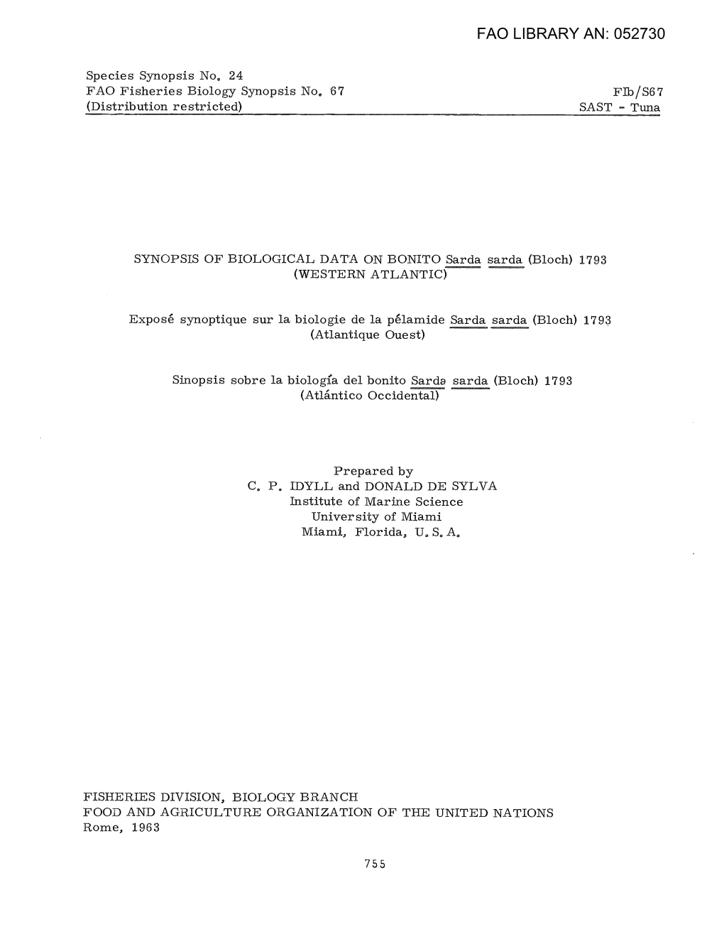 SYNOPSIS of BIOLOGICAL DATA on BONITO Sarda Sarda (Bloch) 1793 (WESTERN ATLANTIC)