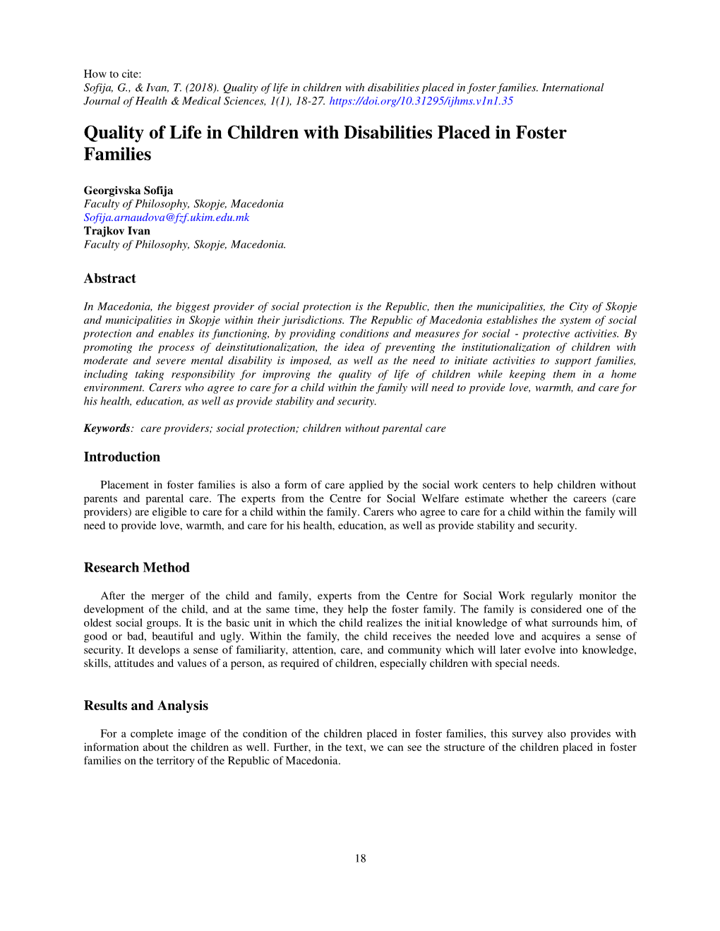 Quality of Life in Children with Disabilities Placed in Foster Families