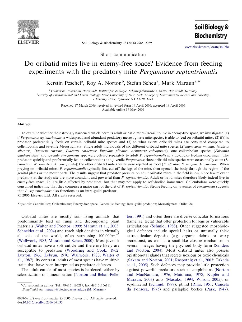 Do Oribatid Mites Live in Enemy-Free Space? Evidence from Feeding Experiments with the Predatory Mite Pergamasus Septentrionalis