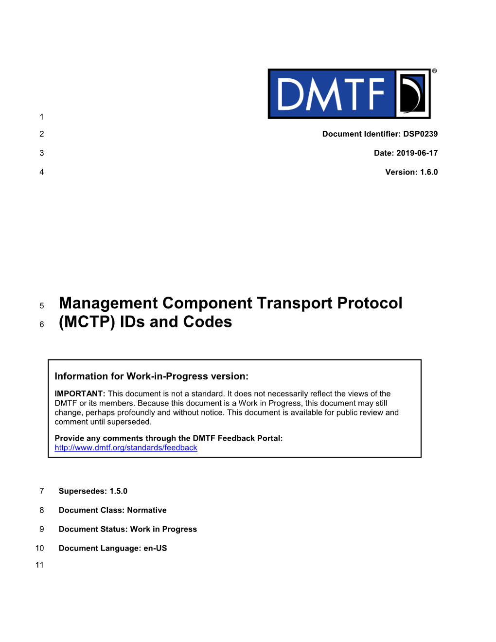 Management Component Transport Protocol (MCTP) Ids and Codes DSP0239