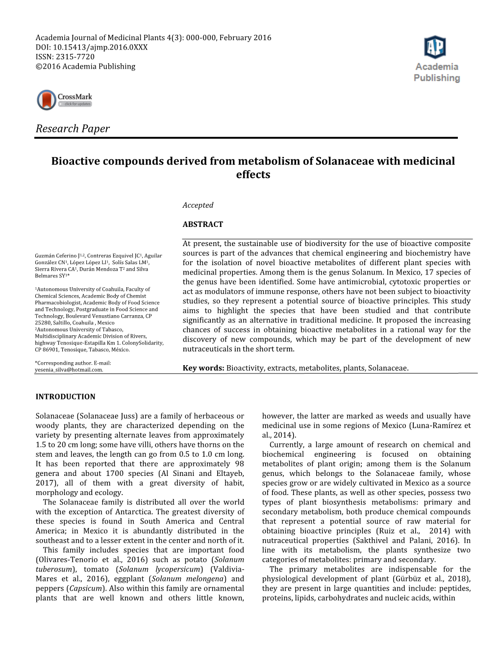 Research Paper Bioactive Compounds Derived from Metabolism of Solanaceae with Medicinal Effects