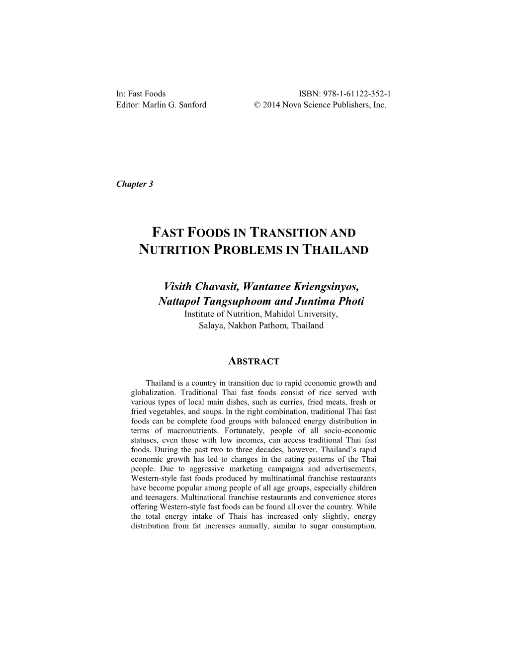 Fast Foods in Transition and Nutrition Problems in Thailand