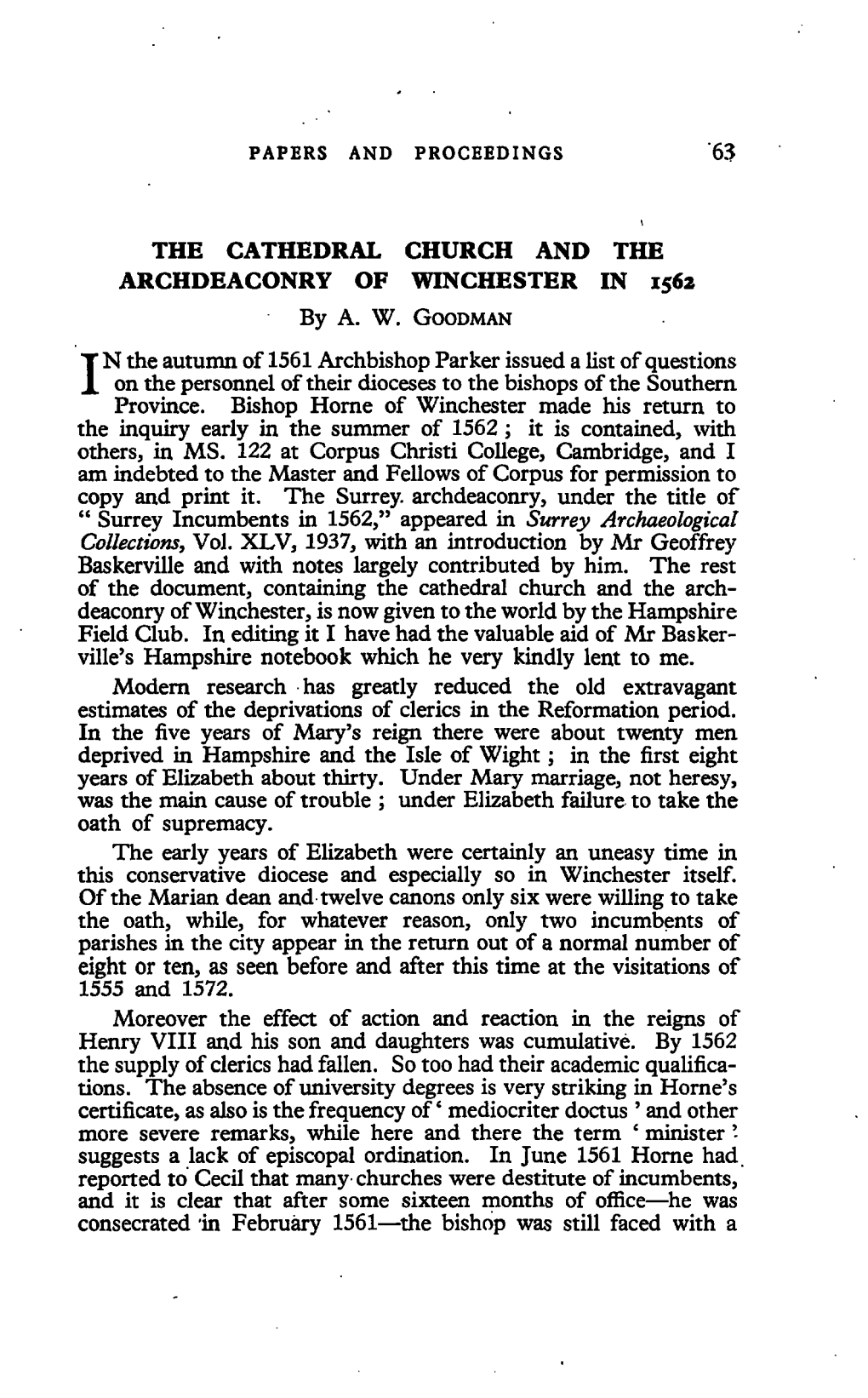 THE CATHEDRAL CHURCH and the ARCHDEACONRY of WINCHESTER in 1562 by A