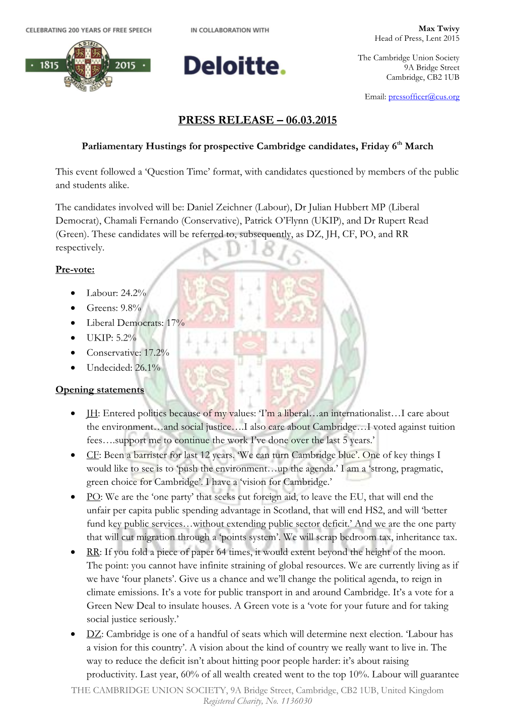 Parliamentary Hustings (Lent 2015)