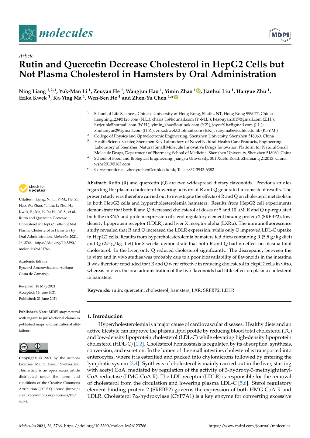 Rutin and Quercetin Decrease Cholesterol in Hepg2 Cells but Not Plasma Cholesterol in Hamsters by Oral Administration