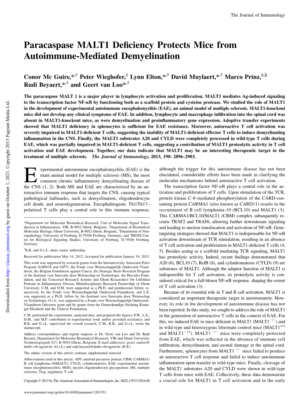 Demyelination Mice from Autoimmune-Mediated Paracaspase MALT1 Deficiency Protects