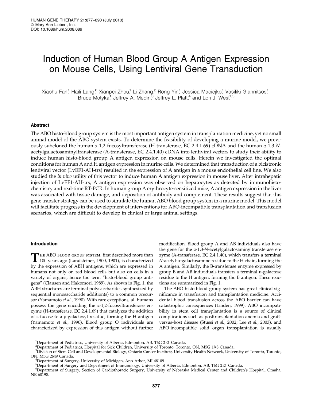 Induction of Human Blood Group a Antigen Expression on Mouse Cells, Using Lentiviral Gene Transduction