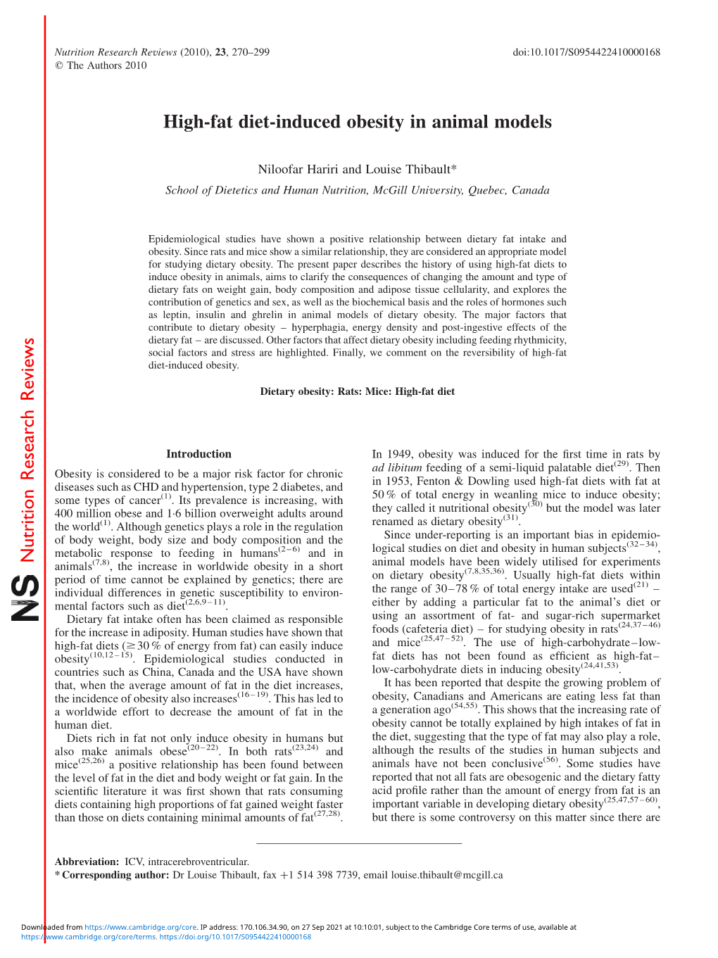 High-Fat Diet-Induced Obesity in Animal Models