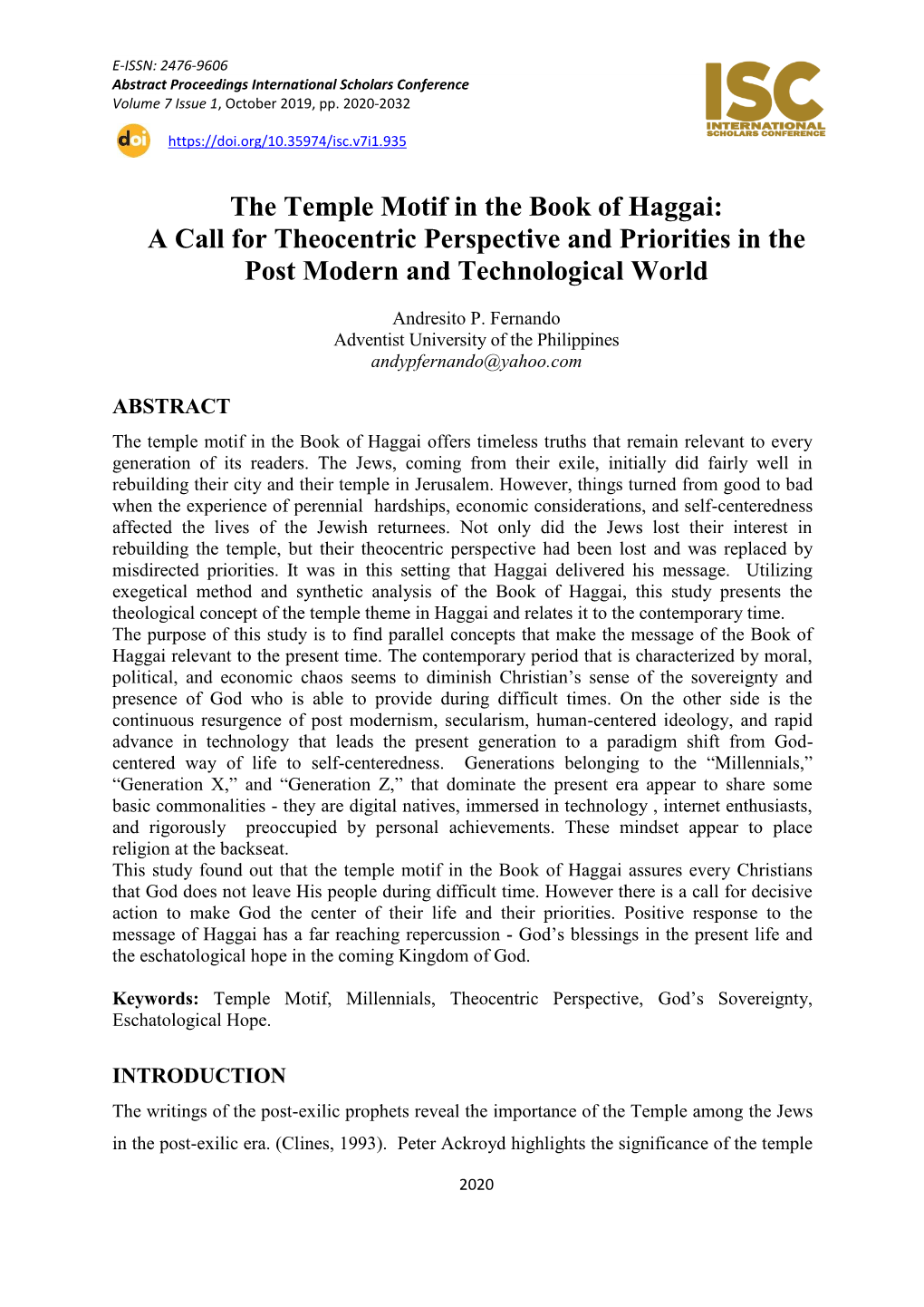 The Temple Motif in the Book of Haggai: a Call for Theocentric Perspective and Priorities in the Post Modern and Technological World