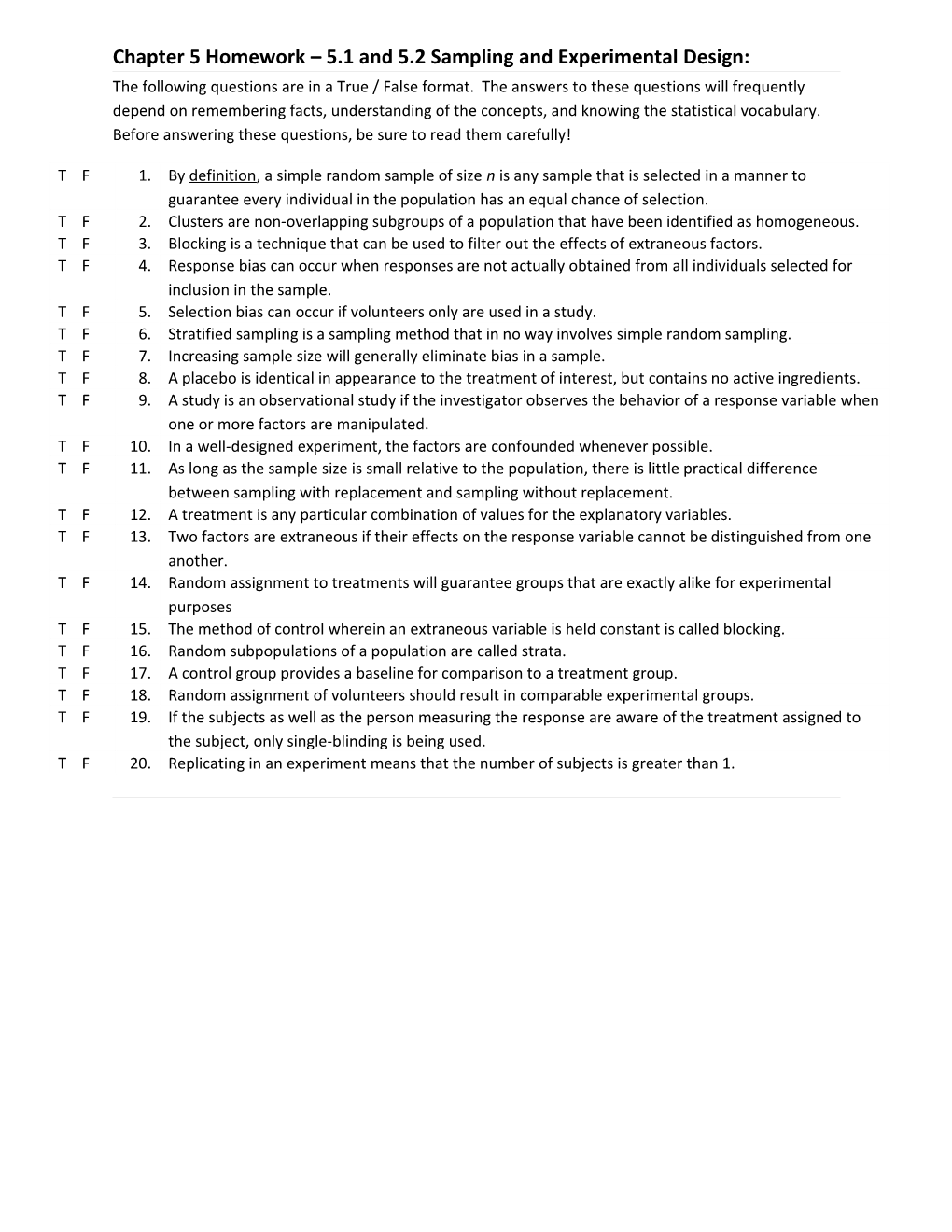 Chapter 5 Homework 5.1 and 5.2 Sampling and Experimental Design