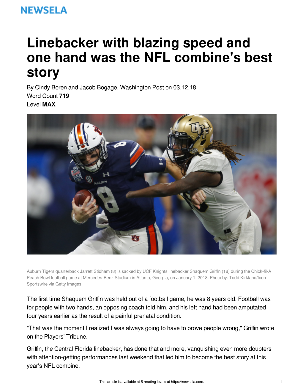 Linebacker with Blazing Speed and One Hand Was the NFL Combine's Best Story by Cindy Boren and Jacob Bogage, Washington Post on 03.12.18 Word Count 719 Level MAX