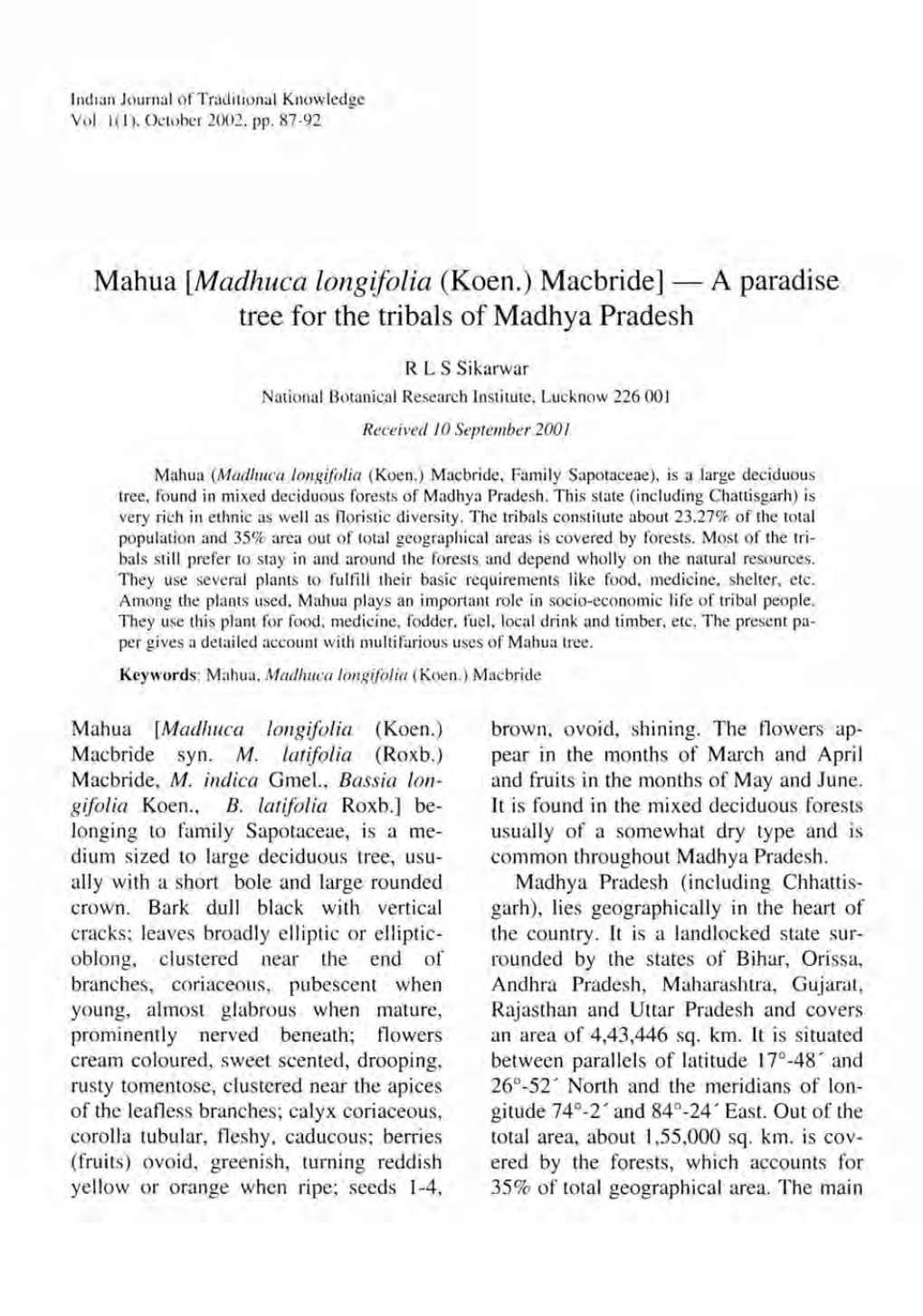 Mahua [Madhuca Longifolia (Koen.) Macbride] - a Paradise Tree for the Tribals of Madhya Pradesh