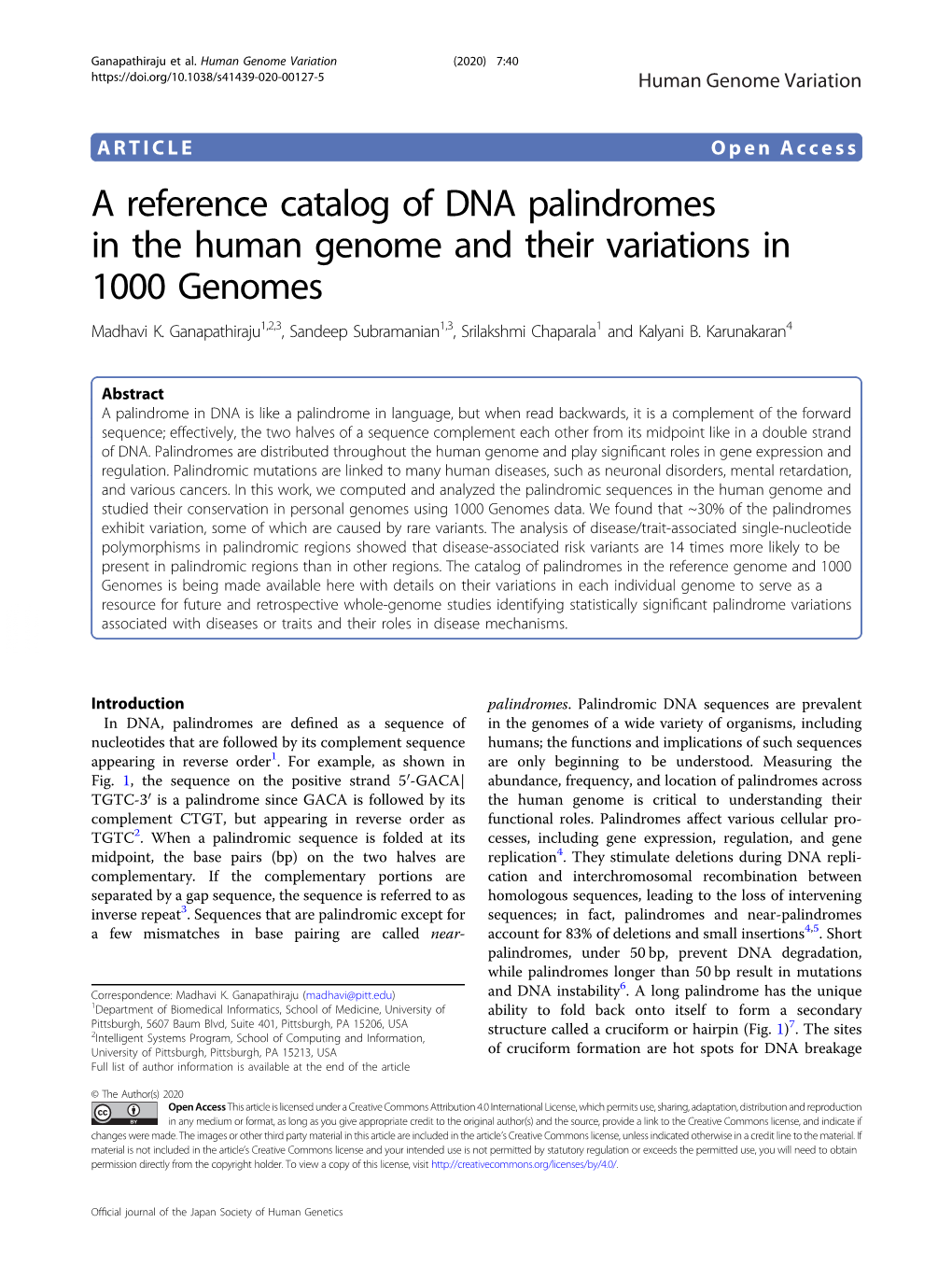A Reference Catalog of DNA Palindromes in the Human Genome and Their Variations in 1000 Genomes Madhavi K