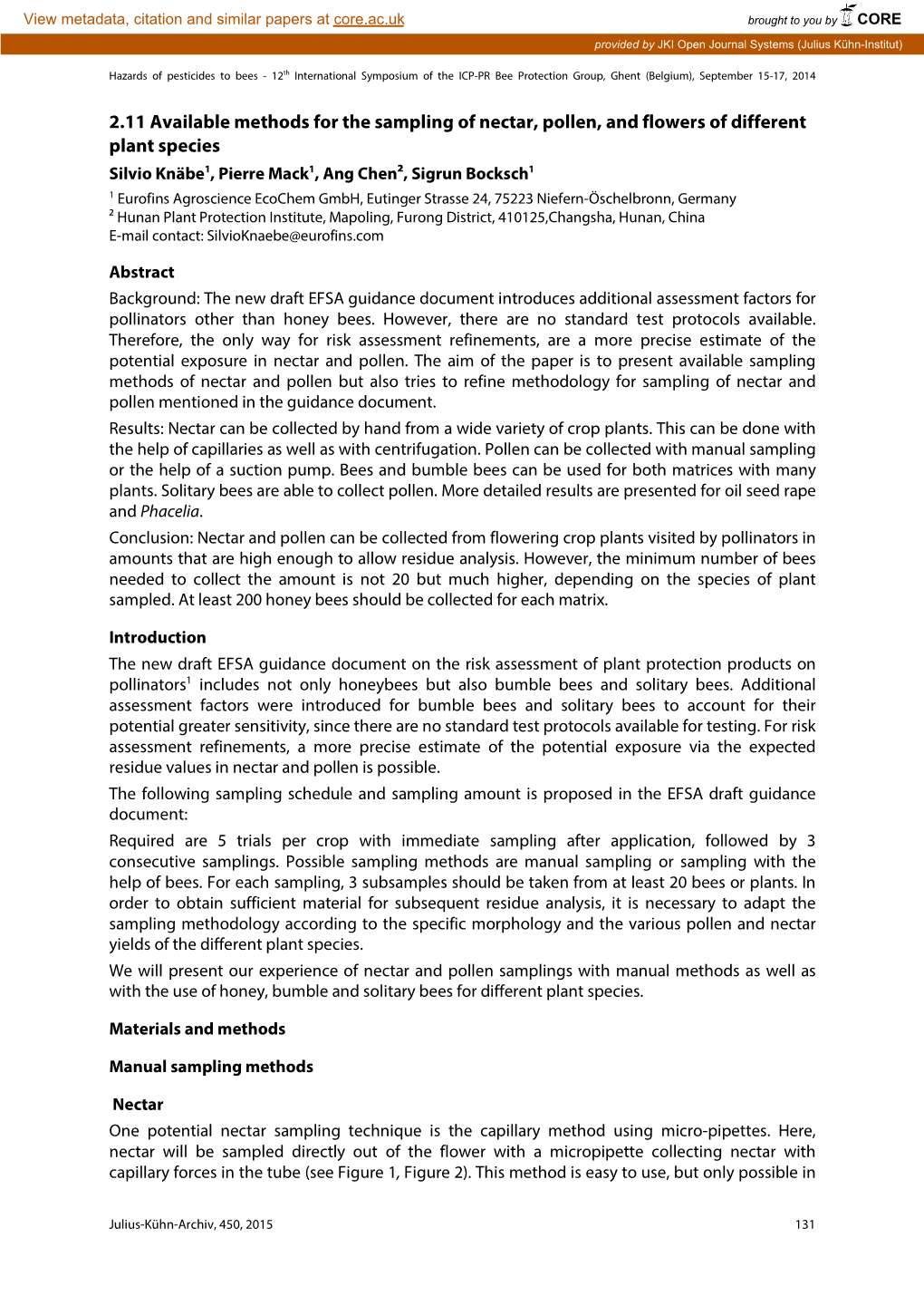 2.11 Available Methods for the Sampling of Nectar, Pollen