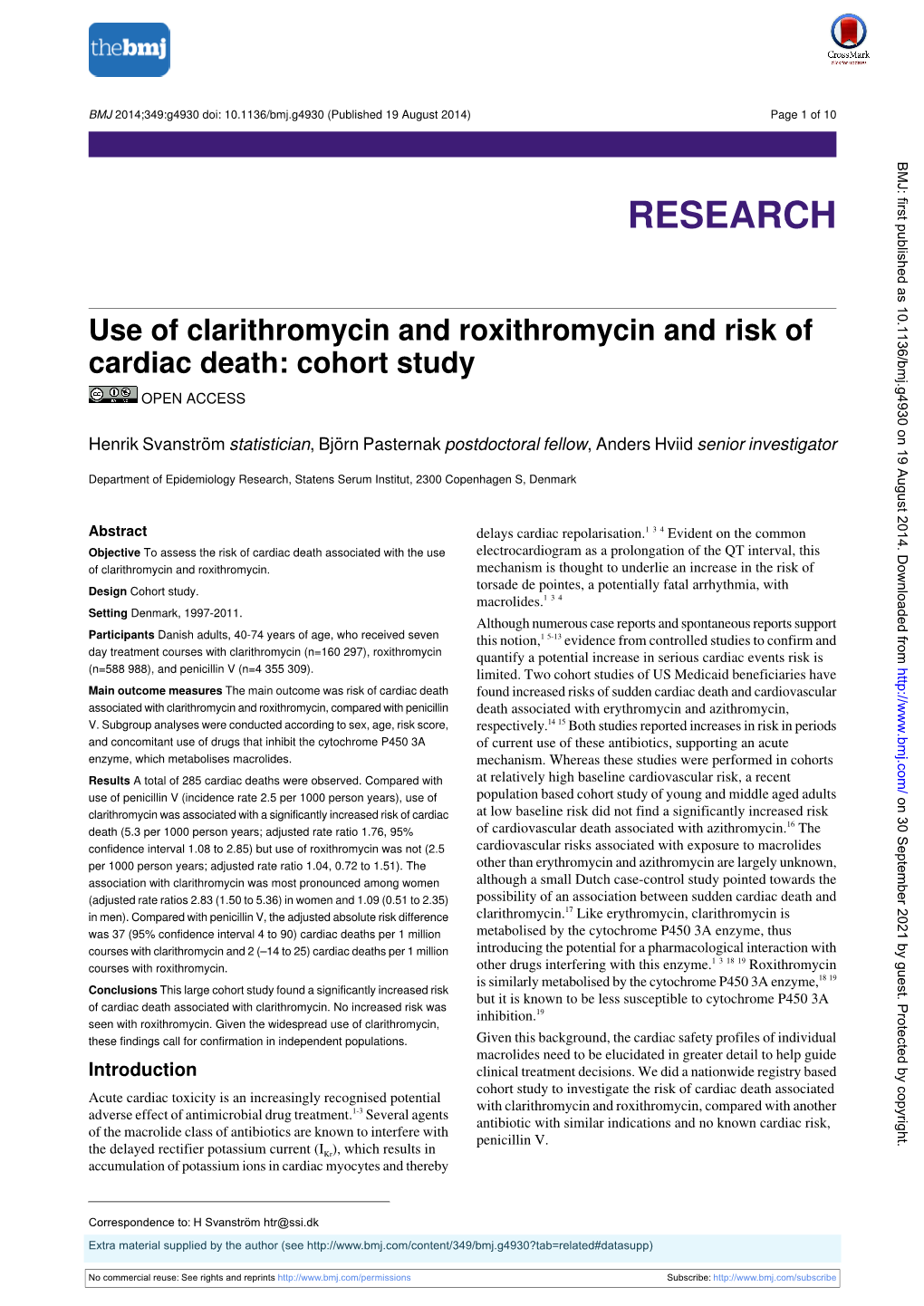 Use of Clarithromycin and Roxithromycin and Risk of Cardiac Death: Cohort Study OPEN ACCESS