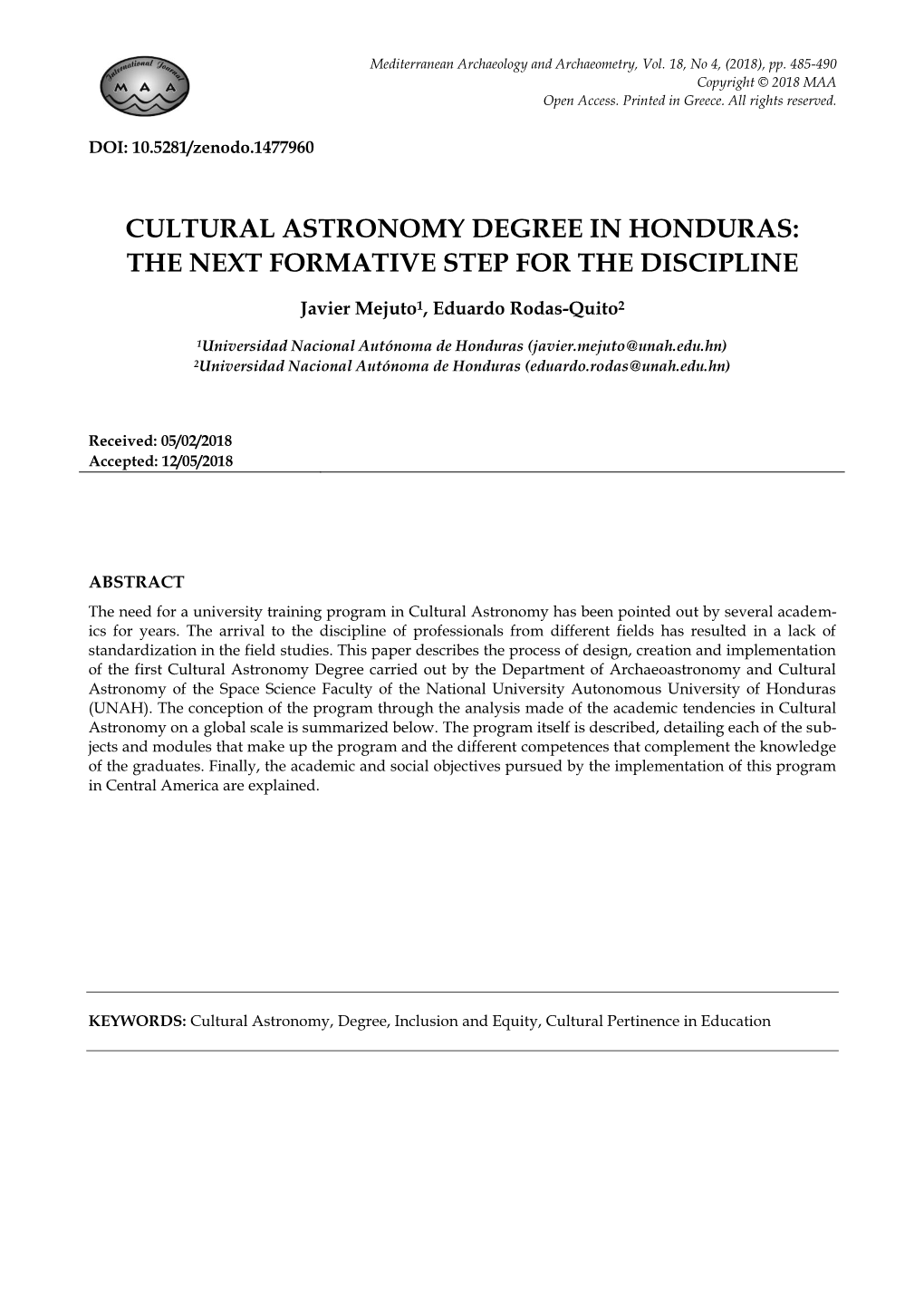 Cultural Astronomy Degree in Honduras: the Next Formative Step for the Discipline