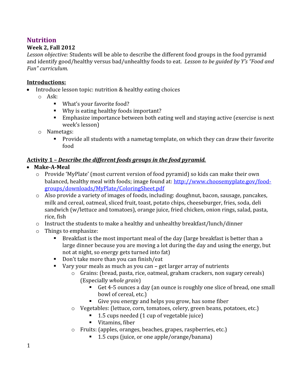 Introduce Lesson Topic: Nutrition & Healthy Eating Choices