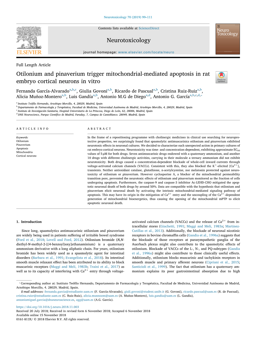 Otilonium and Pinaverium Trigger Mitochondrial-Mediated Apoptosis in Rat Embryo Cortical Neurons in Vitro T