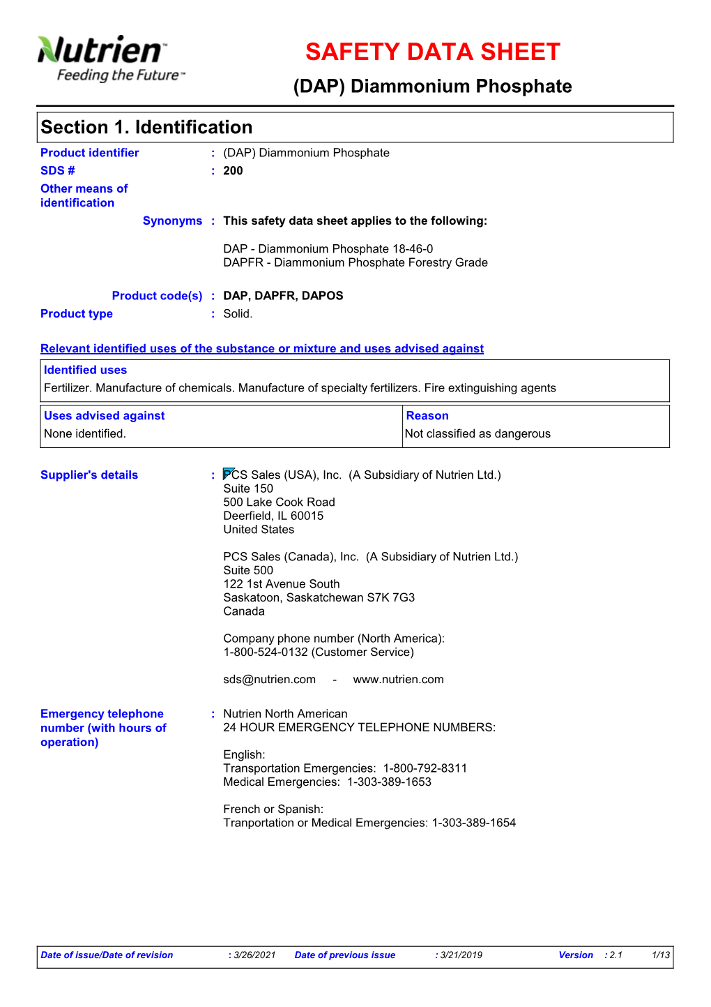 SAFETY DATA SHEET (DAP) Diammonium Phosphate