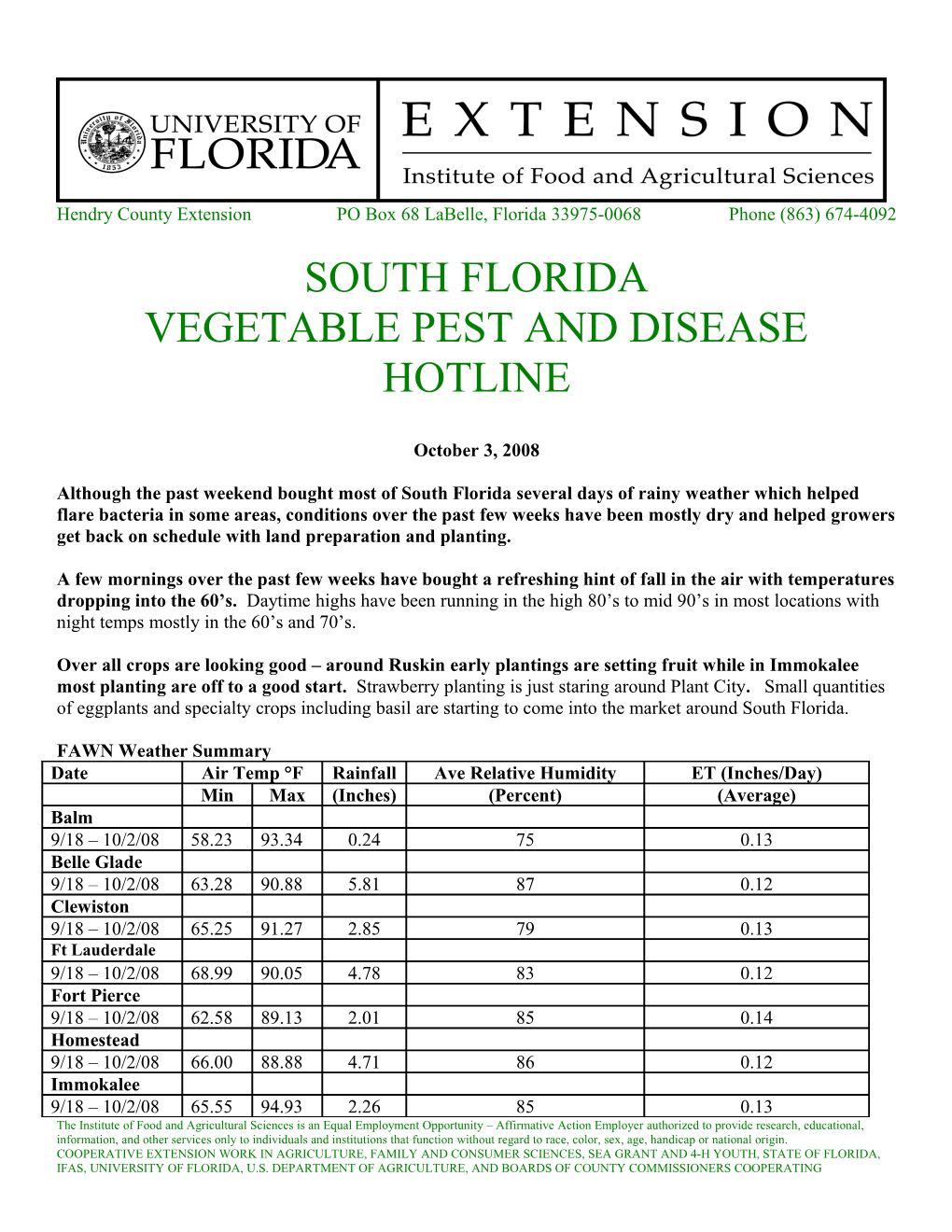 Hendry County Extension PO Box 68 Labelle, Florida 33975-0068 Phone (863) 674-4092 s4