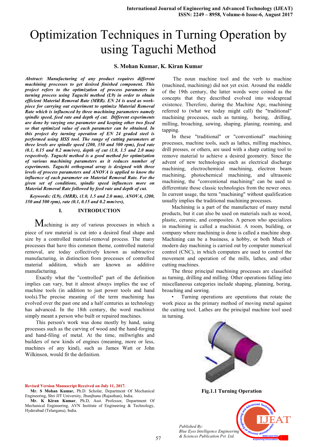 Optimization Techniques In Turning Operation By Using Taguchi Method ...