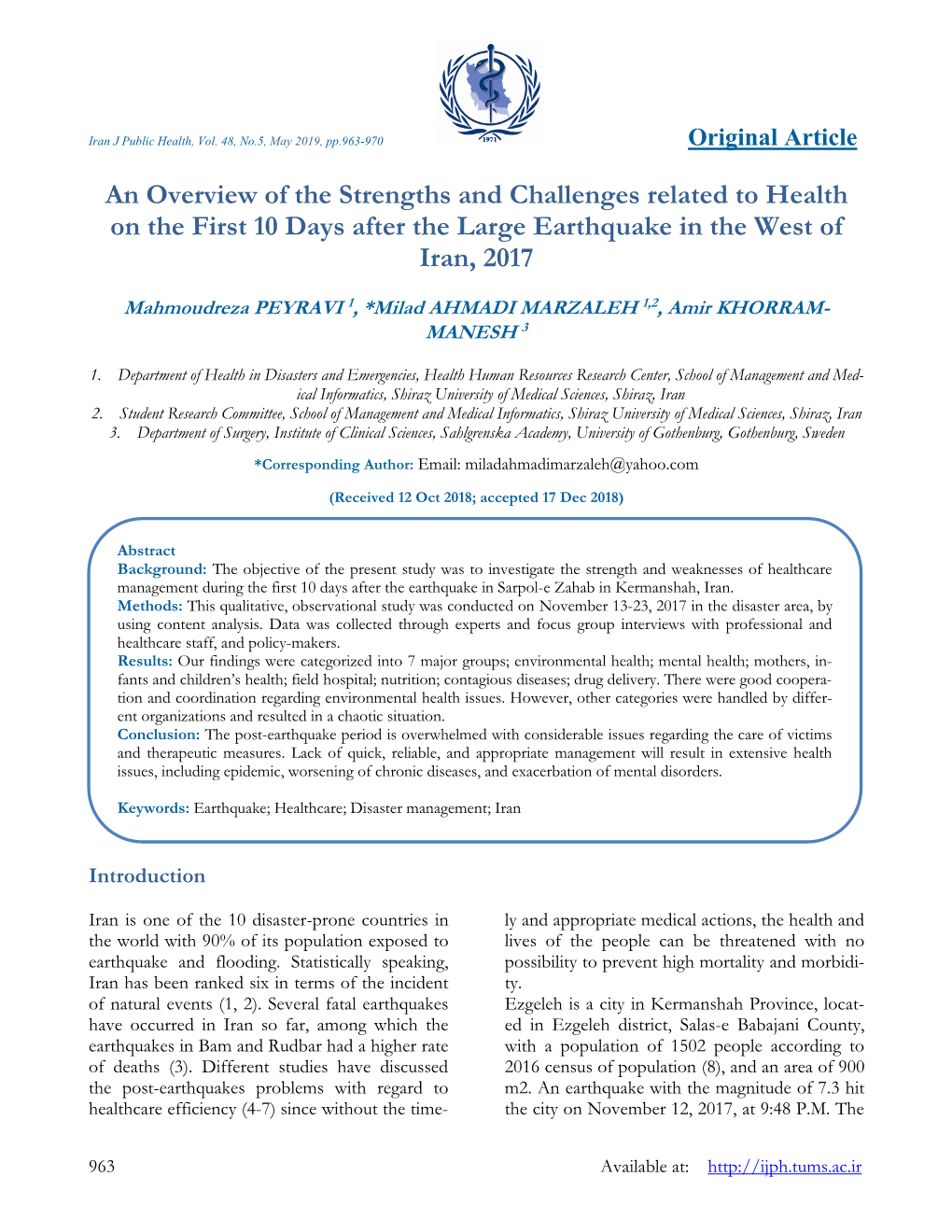 An Overview of the Strengths and Challenges Related to Health on the First 10 Days After the Large Earthquake in the West of Iran, 2017