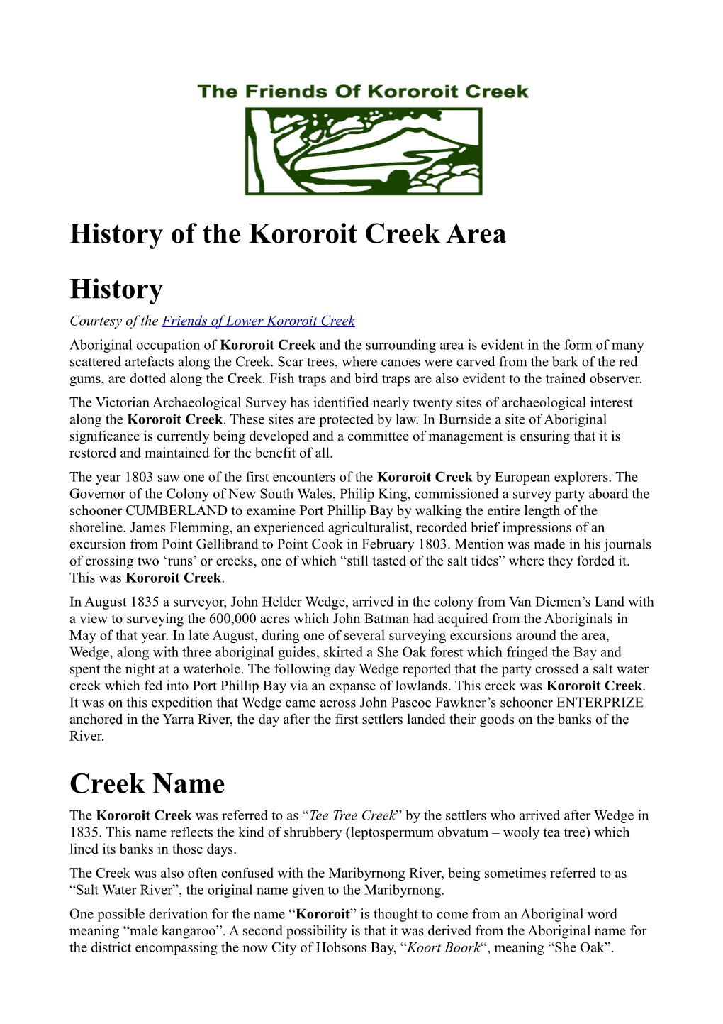 History of the Kororoit Creek Area History Creek Name