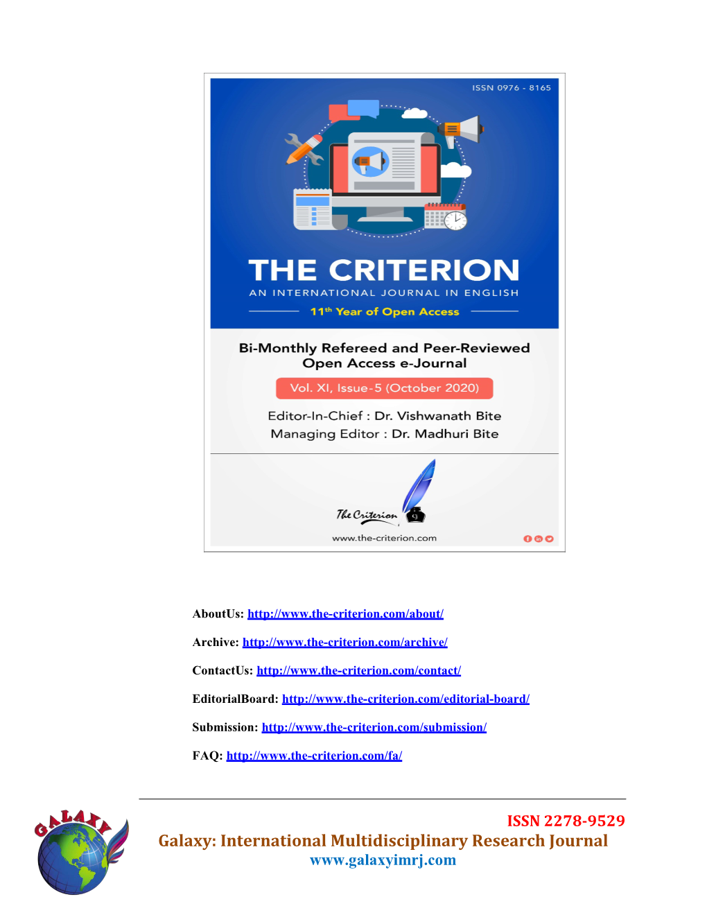 Galaxy: International Multidisciplinary Research Journal the Criterion: an International Journal in English Vol