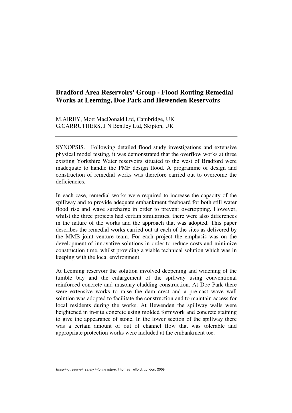 Bradford Area Reservoirs' Group - Flood Routing Remedial Works at Leeming, Doe Park and Hewenden Reservoirs