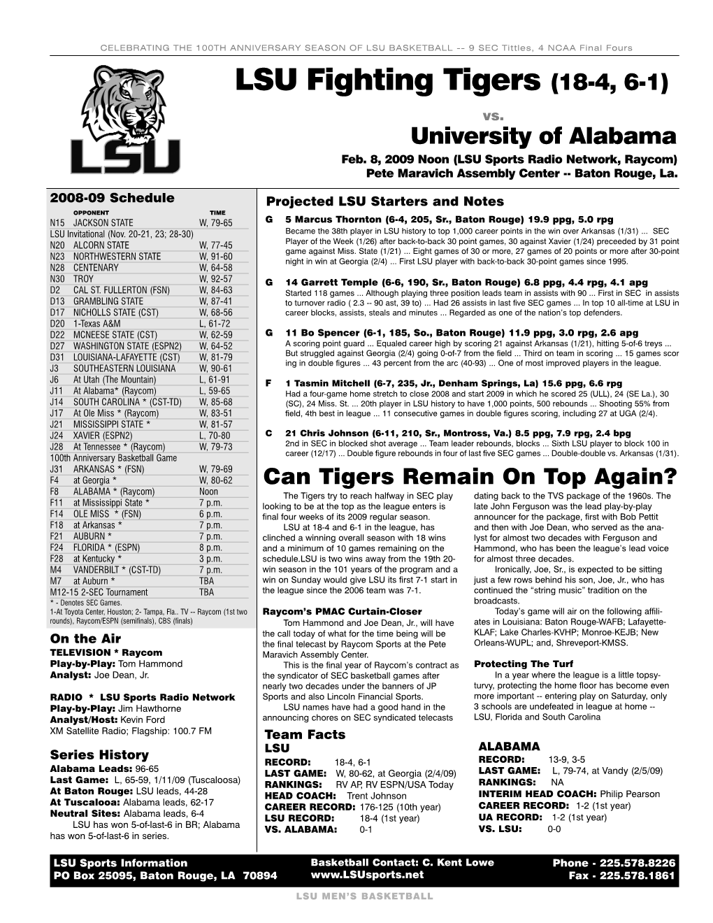 LSU Fighting Tigers (18-4, 6-1) Vs