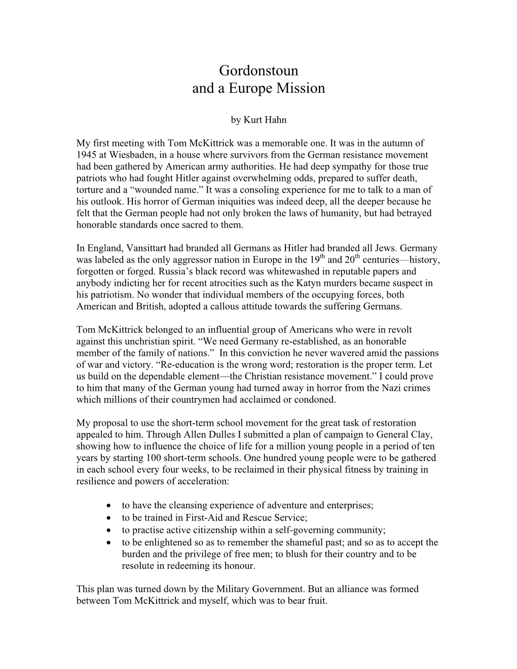 Gordonstoun and a Europe Mission