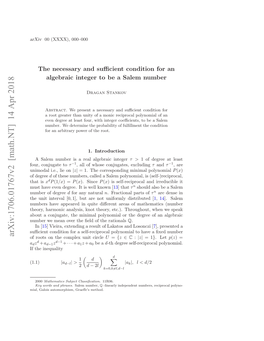 The Necessary and Sufficient Condition for an Algebraic Integer to Be a Salem Number