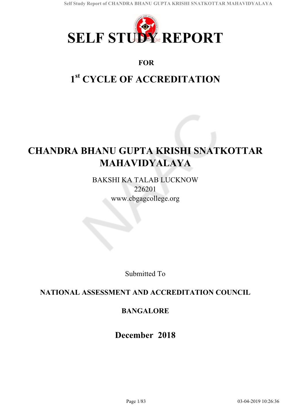 Self Study Report of CHANDRA BHANU GUPTA KRISHI SNATKOTTAR MAHAVIDYALAYA