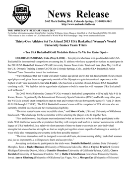 2013 USA Basketball Women's World University Games Team Trials Roster