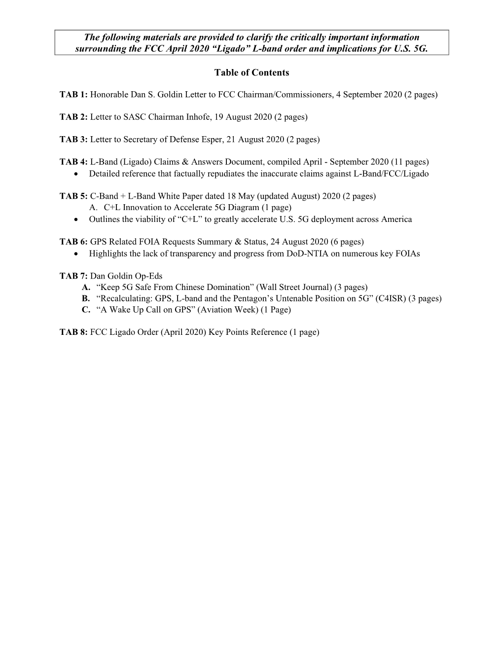 Ligado” L-Band Order and Implications for U.S