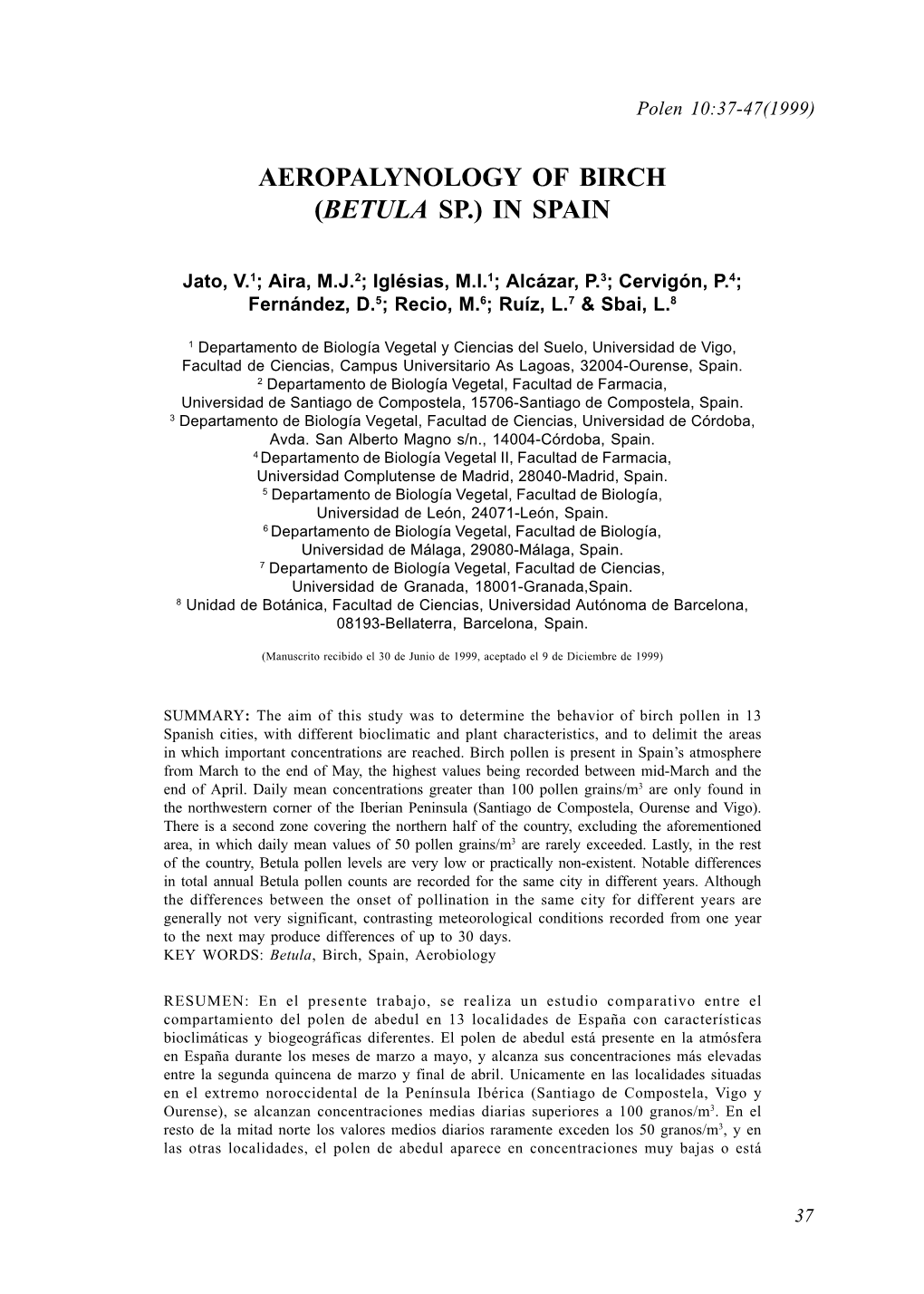 Aeropalynology of Birch (Betula Sp.) in Spain