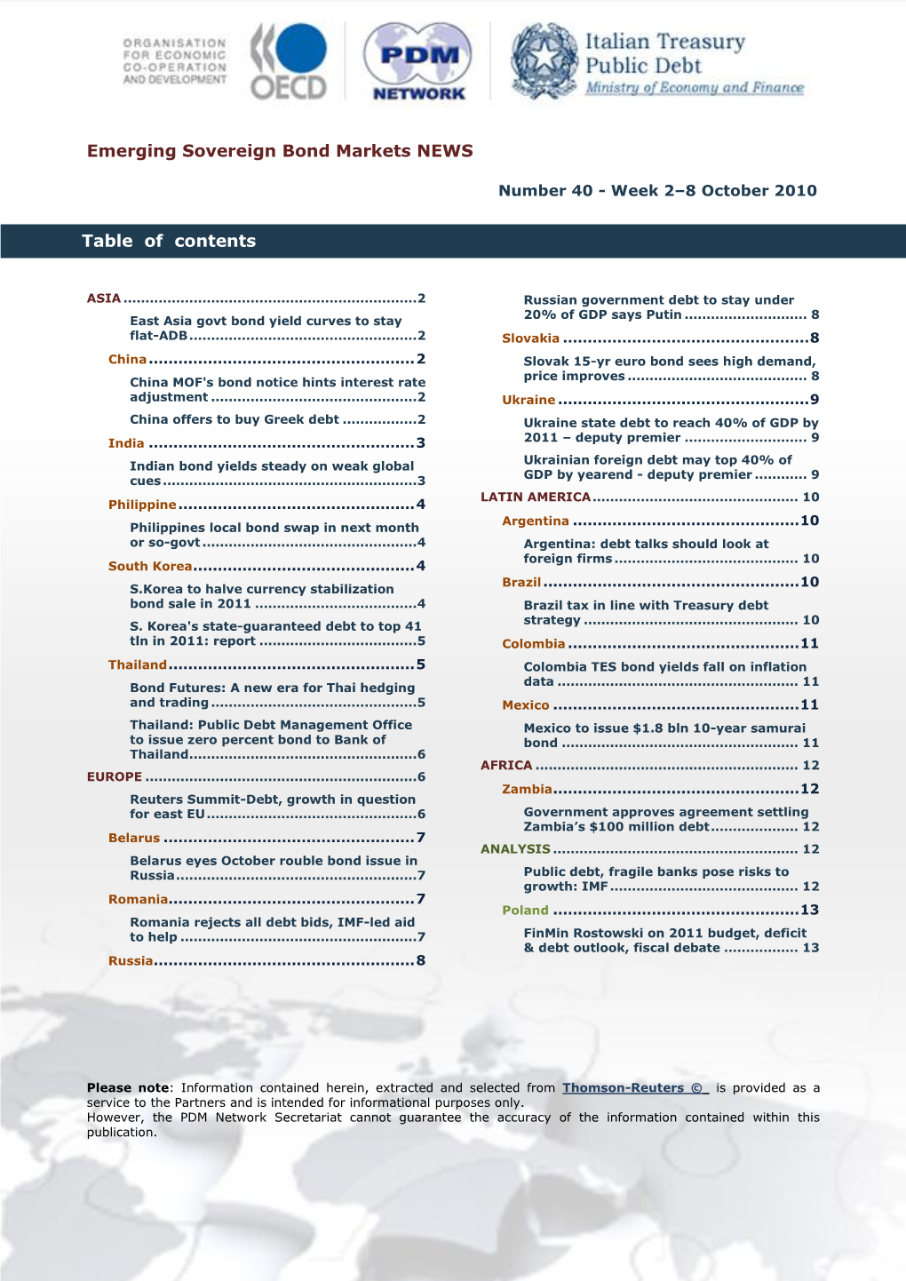 Emerging Sovereign Bond Markets NEWS Table of Contents