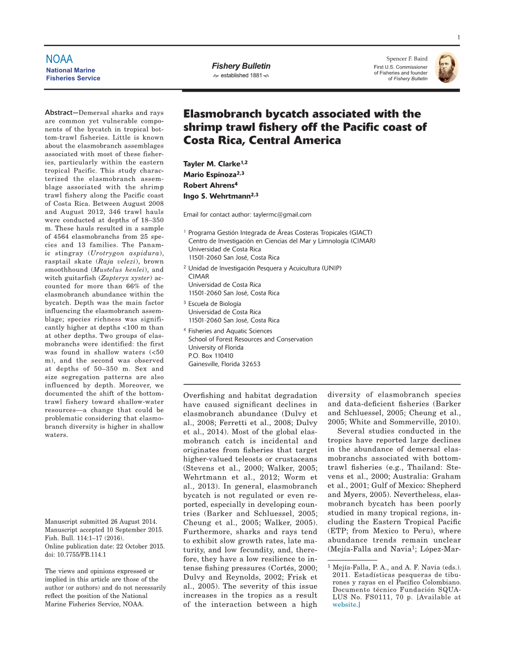 NOAA Elasmobranch Bycatch Associated with the Shrimp Trawl Fishery Off the Pacific Coast of Costa Rica, Central America