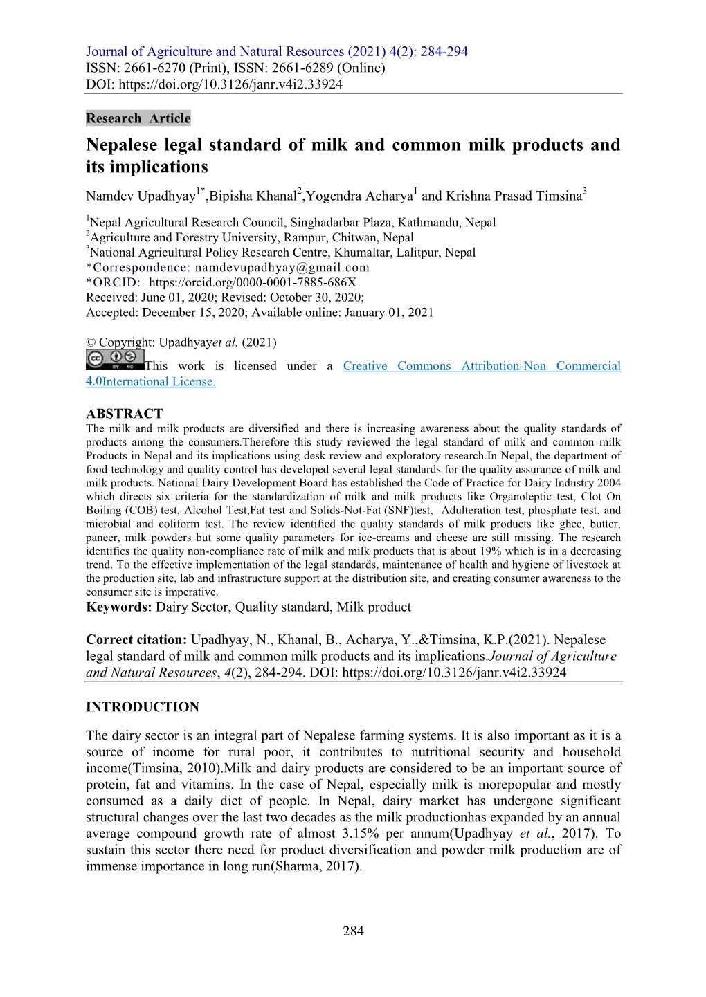 Nepalese Legal Standard of Milk and Common Milk Products and Its Implications