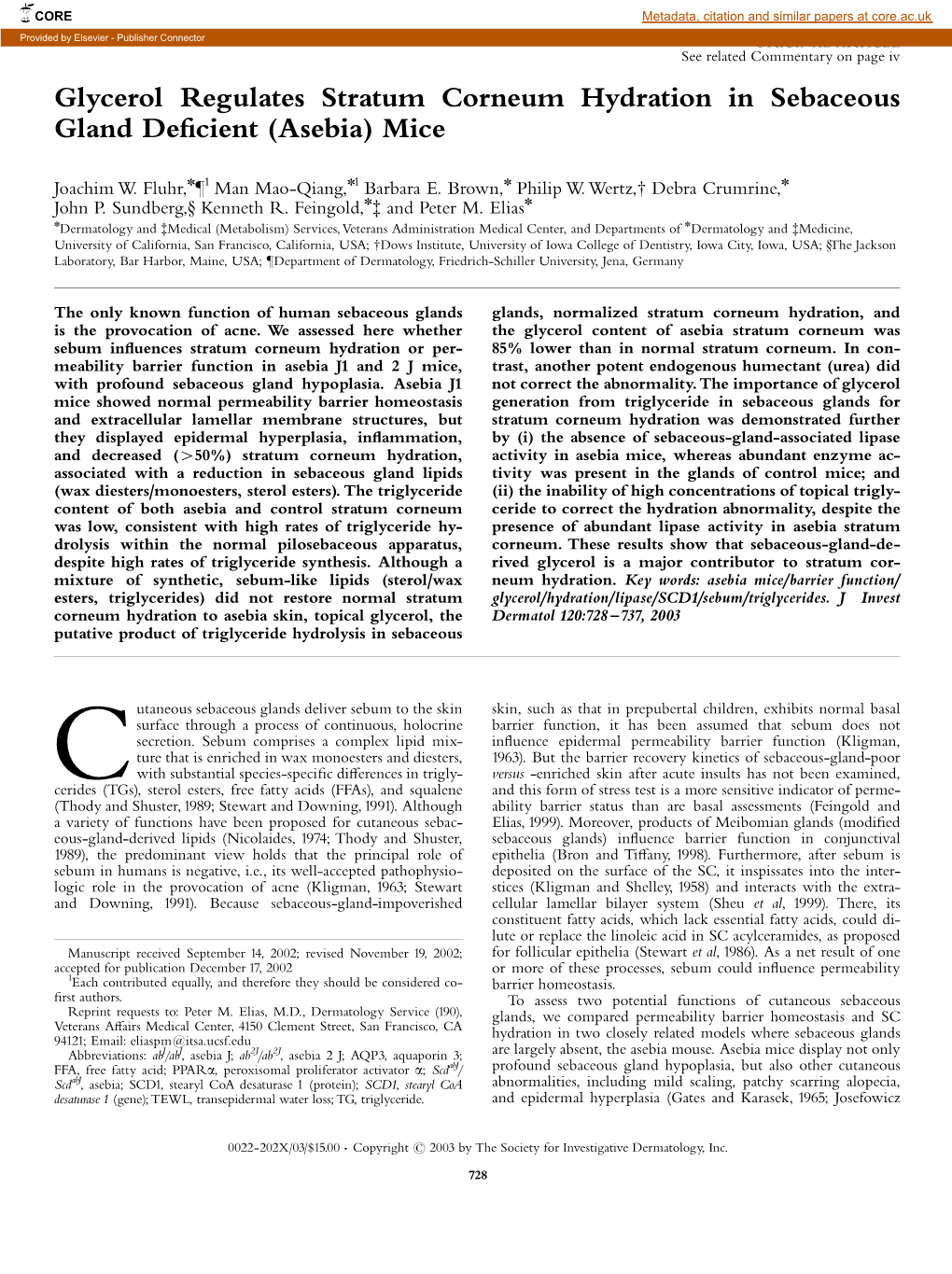 Glycerol Regulates Stratum Corneum Hydration in Sebaceous Gland Deficient (Asebia) Mice